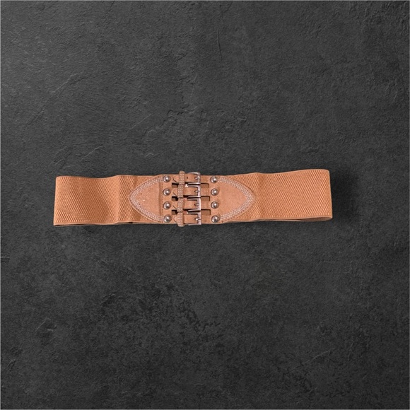 Accessories - 3" Wide Silver Buckle and Stud Belt With 2 Snap Closure at the Back Women's Tan